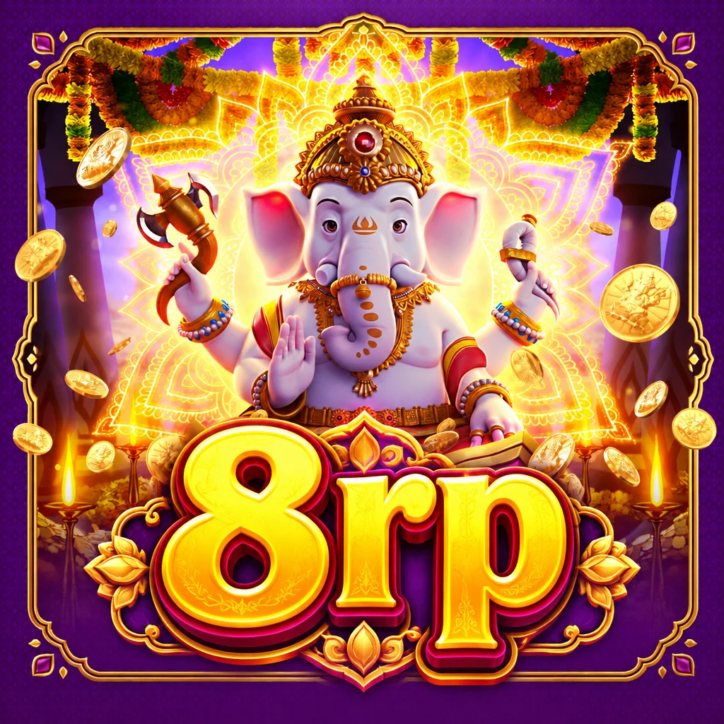 Dewa Ganesha berornamen emas dengan latar mandalas ungu dan logo 8rp pada Ganesha Gold
